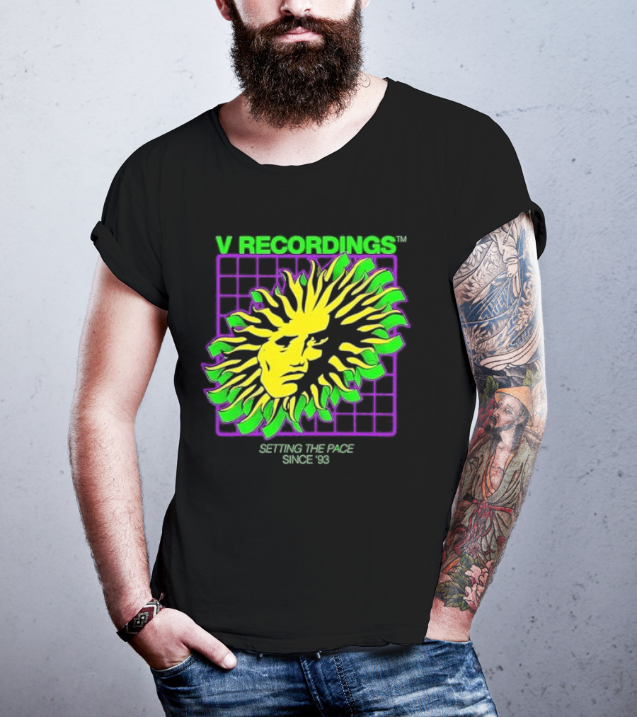V Recordings Setting The Pace Since 93 Sunburst Face Retro Grid T-Shirt