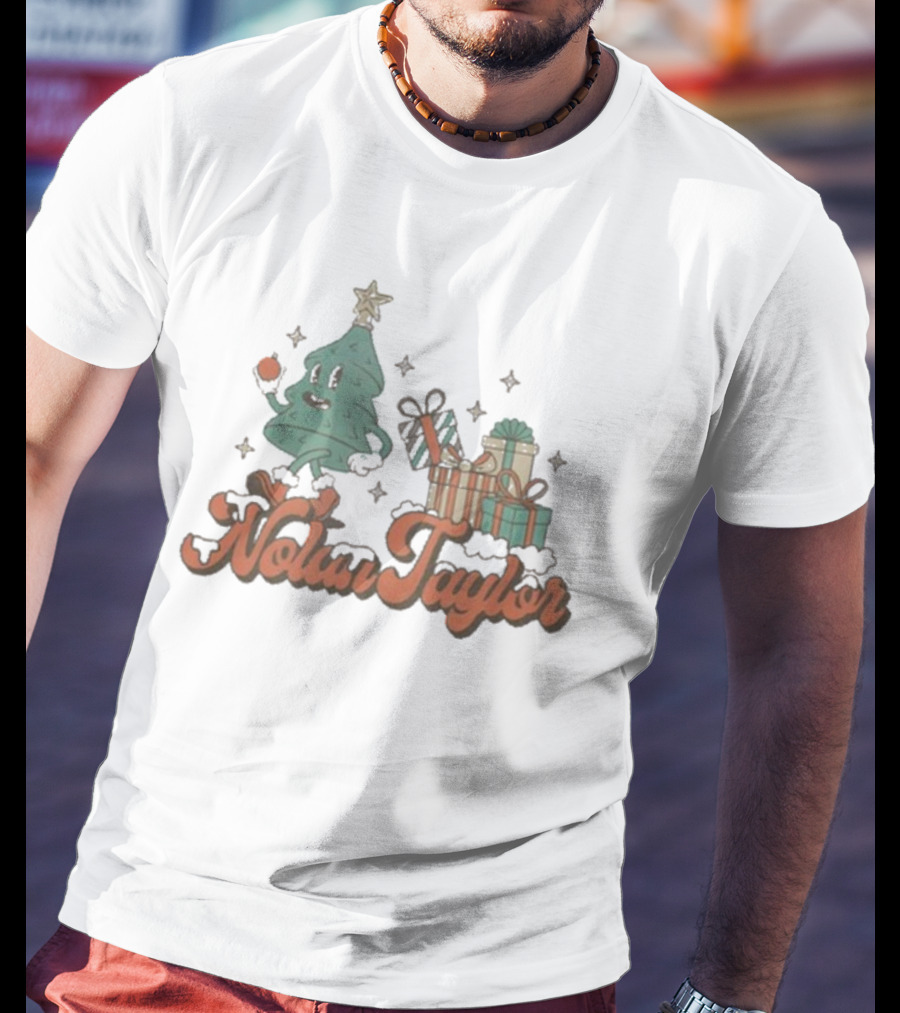 Nolan Taylor Festive Christmas Tree With Gifts And Snowy Stars T-Shirt