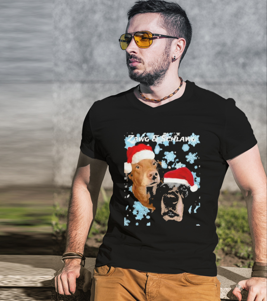 Zawg And Schlawg Christmas Dogs With Santa Hats And Snowflakes T-Shirt