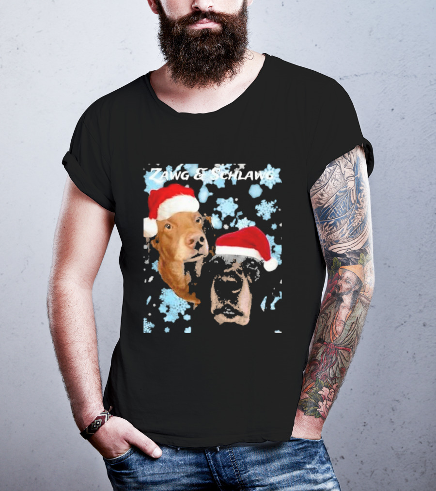 Zawg And Schlawg Christmas Dogs With Santa Hats And Snowflakes T-Shirt