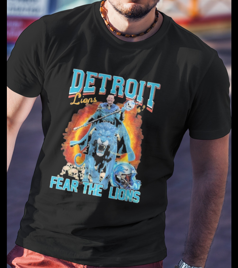 Detroit Lions Fear The Lions Blue Flame Warrior Helmets Skulls T-Shirt