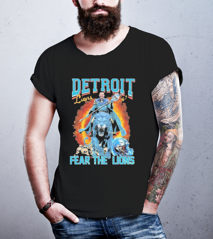 Detroit Lions Fear The Lions Blue Flame Warrior Helmets Skulls T-Shirt