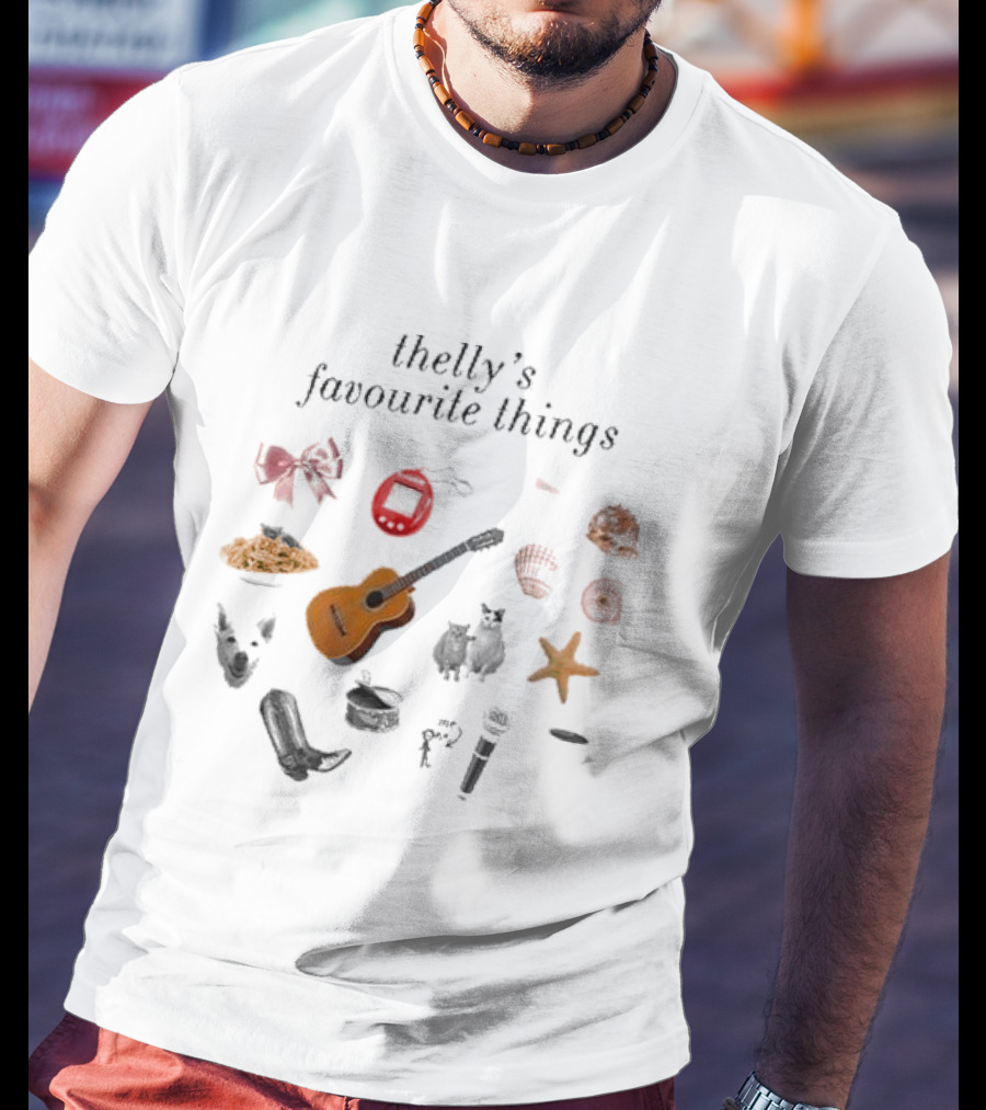 Thelly's Favourite Things Guitar Animals Microphone Starfish Shells Cowboy Boot Bow Pasta Tamagotchi T-Shirt