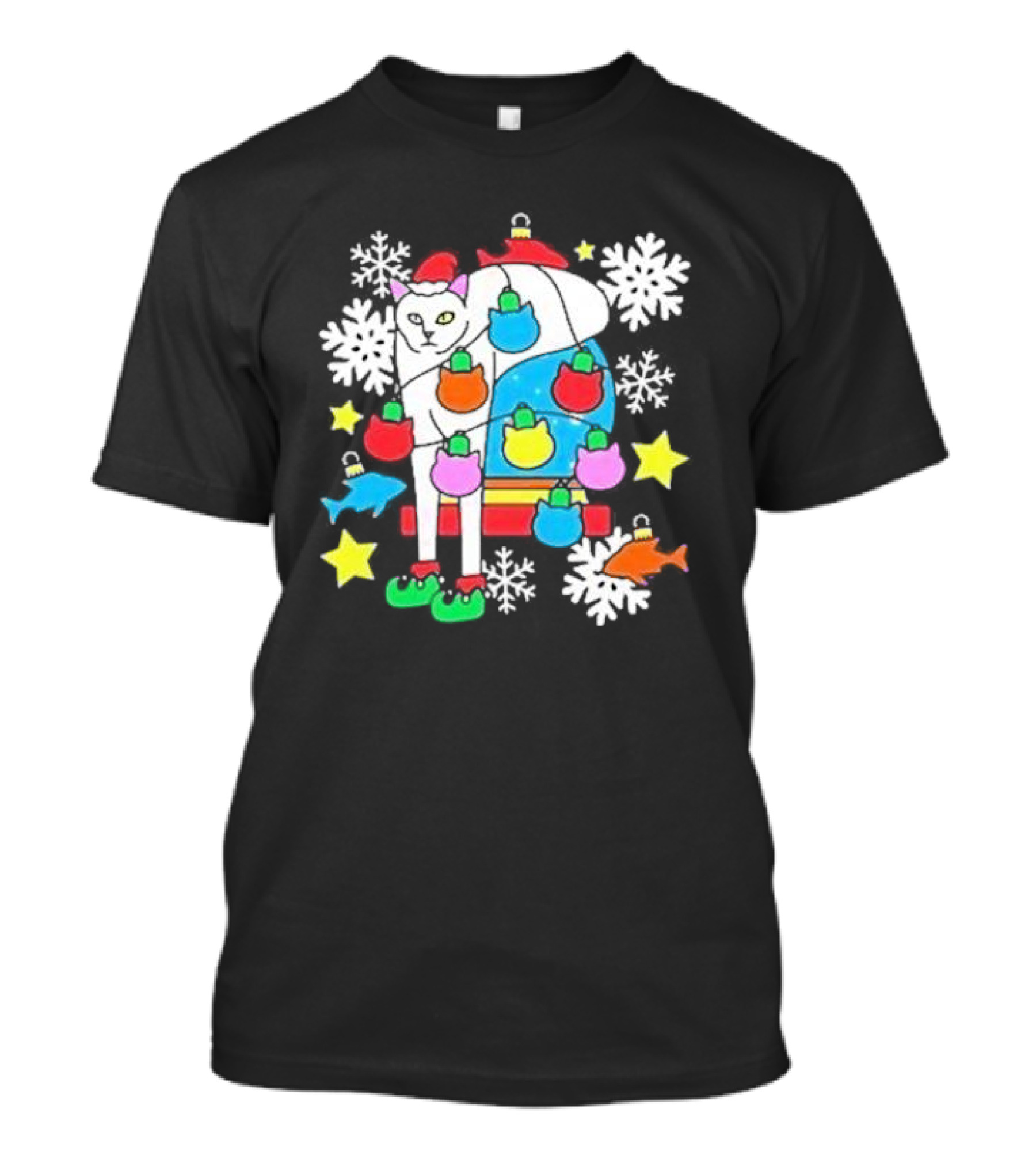 Weird Little Holiday Cat With Santa Hat And Colorful Baubles Christmas T-Shirt