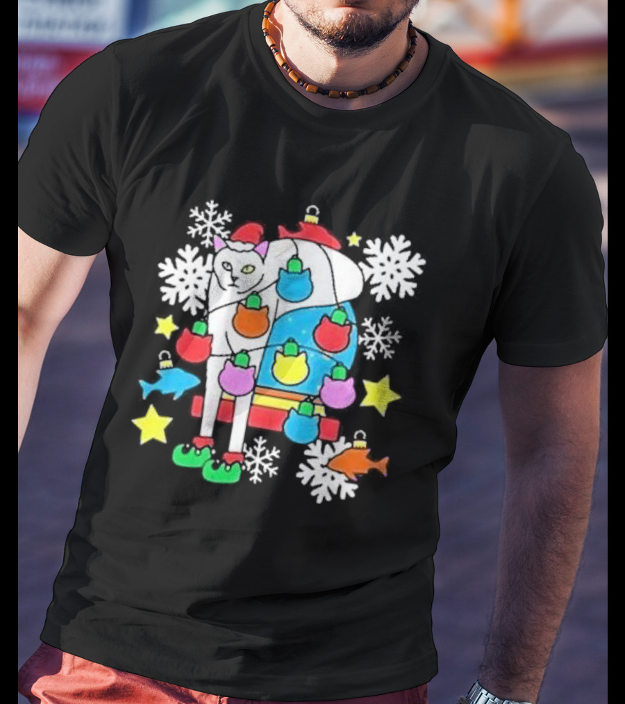 Weird Little Holiday Cat With Santa Hat And Colorful Baubles Christmas T-Shirt