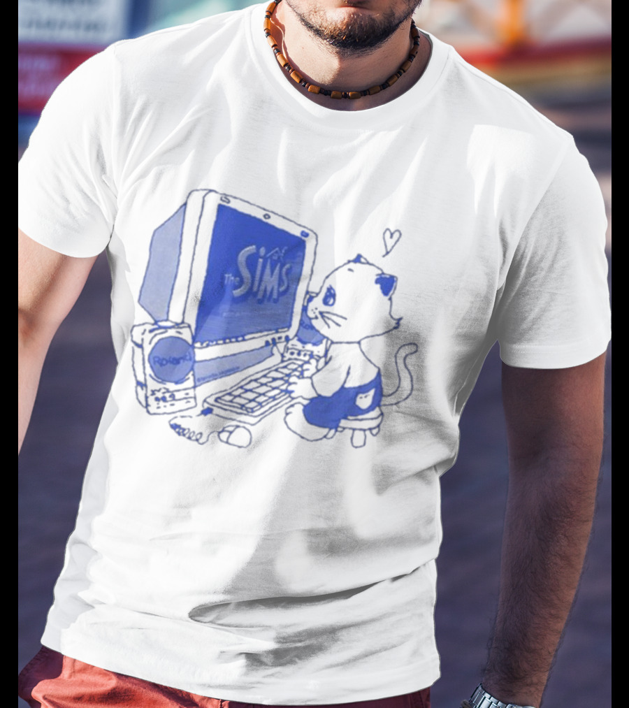 The Sims Loading Screen Cat Computer 90s Nostalgia Blue Graphics T-Shirt