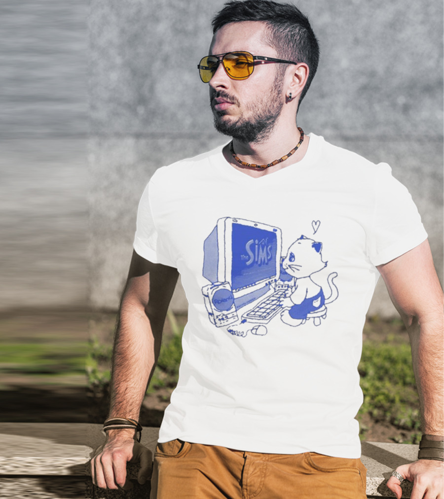 The Sims Loading Screen Cat Computer 90s Nostalgia Blue Graphics T-Shirt