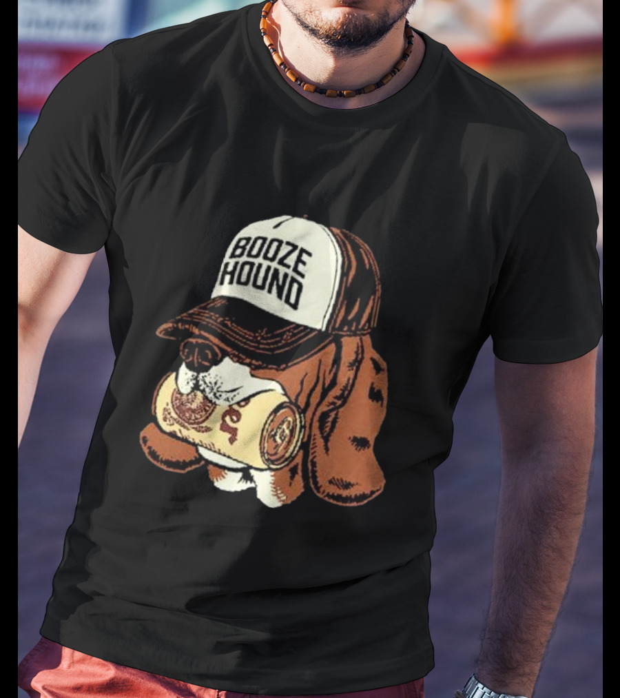 Booze Hound Dog Wearing Cap Holding Beer Can T-Shirt