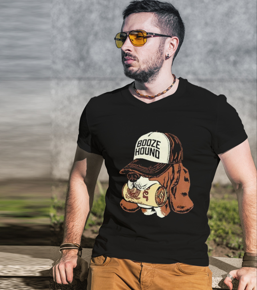 Booze Hound Dog Wearing Cap Holding Beer Can T-Shirt