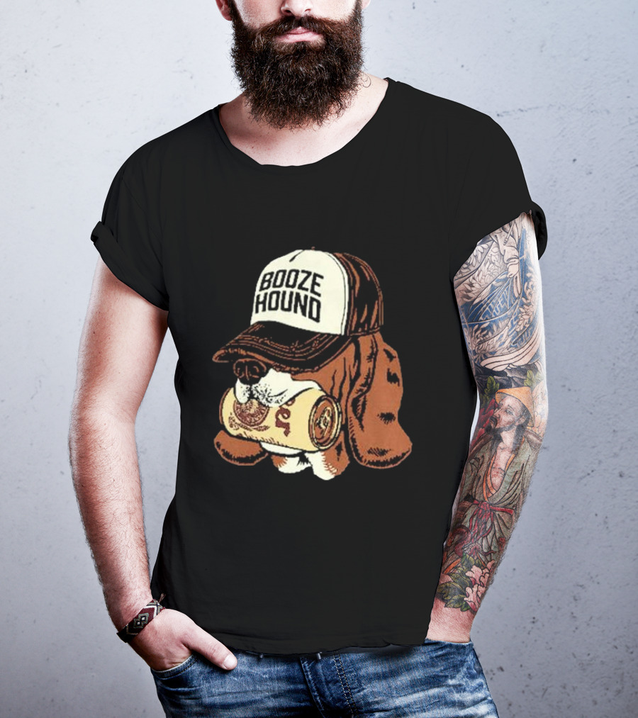 Booze Hound Dog Wearing Cap Holding Beer Can T-Shirt
