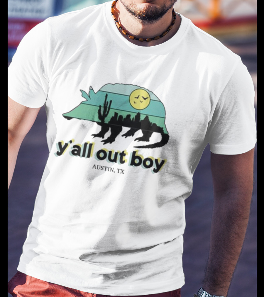 Y'all Out Boy Armadillo Austin TX Blue Gold Cactus Moon Skyline T-Shirt