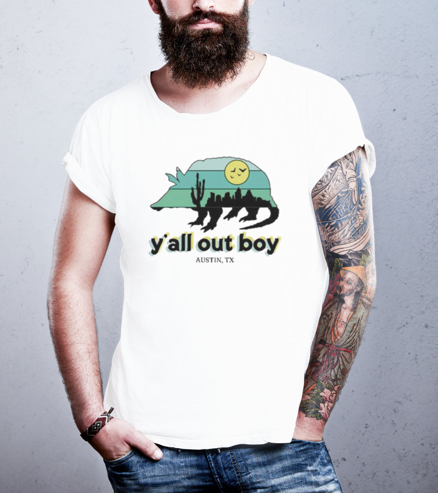 Y'all Out Boy Armadillo Austin TX Blue Gold Cactus Moon Skyline T-Shirt