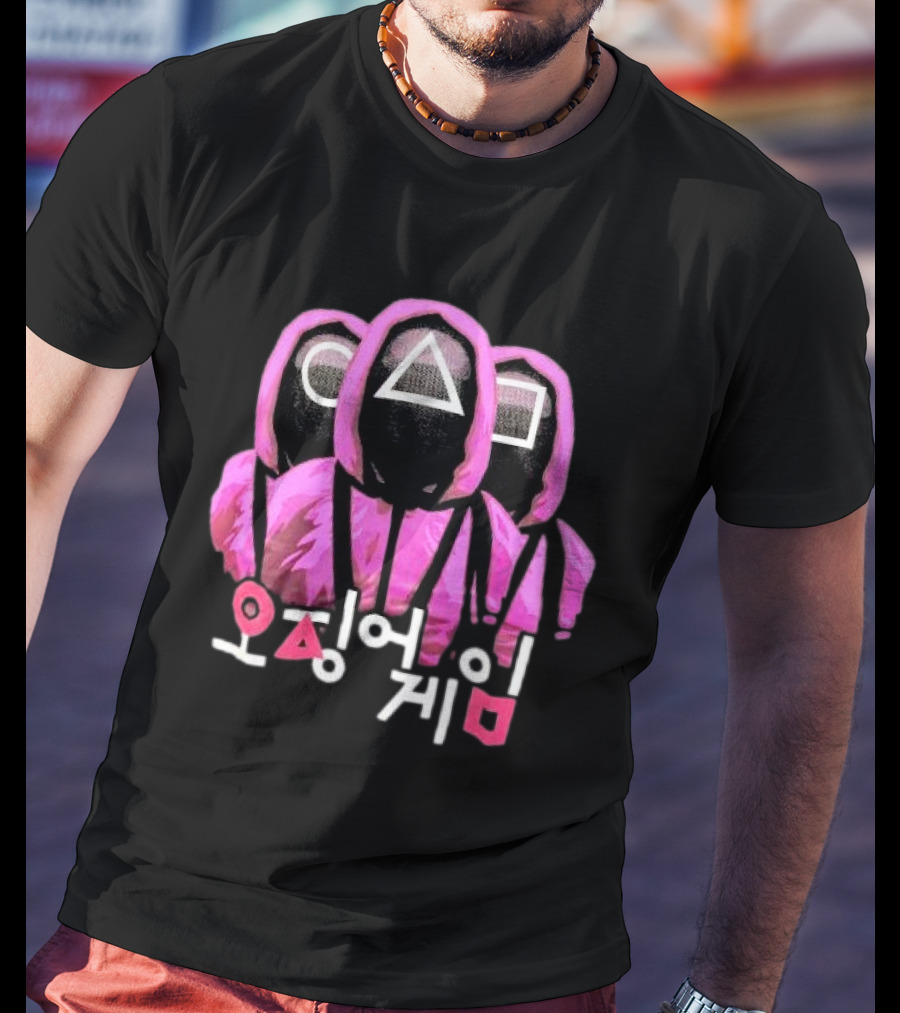 Squid Game Masked Guards Symbols Korean Text Netflix Series Promo T-Shirt