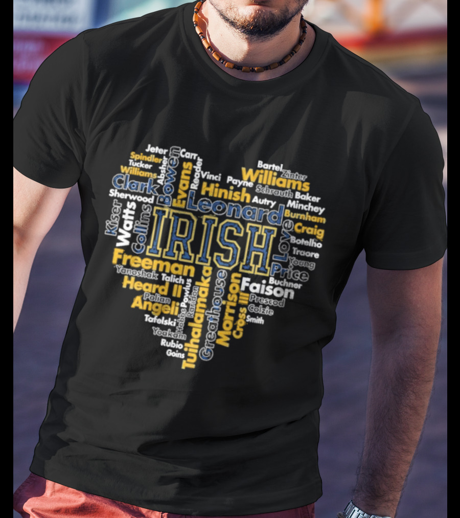 Notre Dame Fighting Irish Heart-Shaped Word Cloud Featuring Player Names For Fans And Supporters T-Shirt