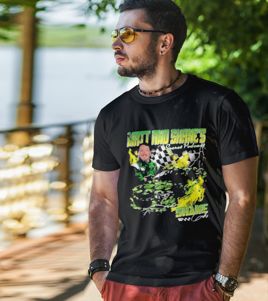 Matt And Shane's Secret Podcast Racing Theme With Flames And Checkered Flag T-Shirt
