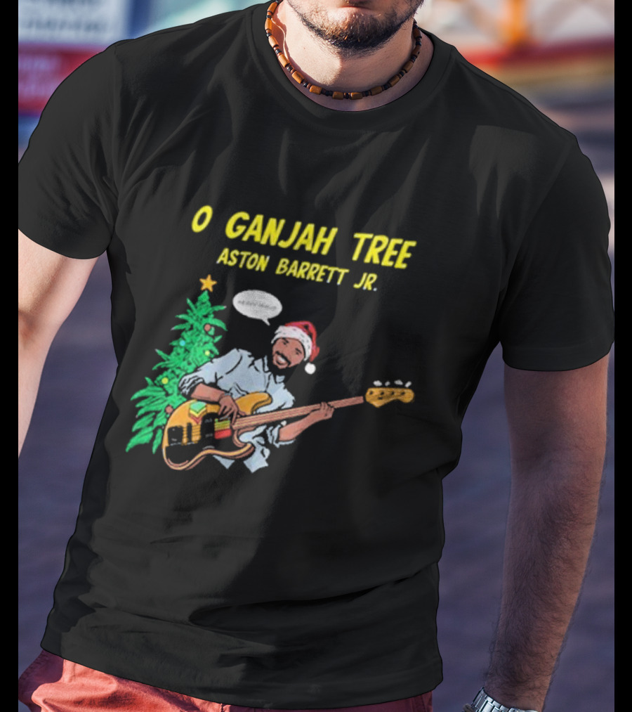 O Ganjah Tree Holiday Christmas Aston Barrett Jr Santa Hat Playing Guitar T-Shirt