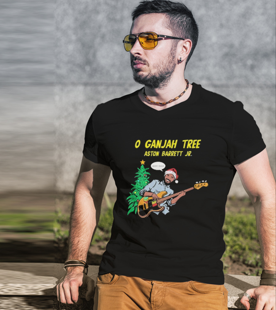 O Ganjah Tree Holiday Christmas Aston Barrett Jr Santa Hat Playing Guitar T-Shirt
