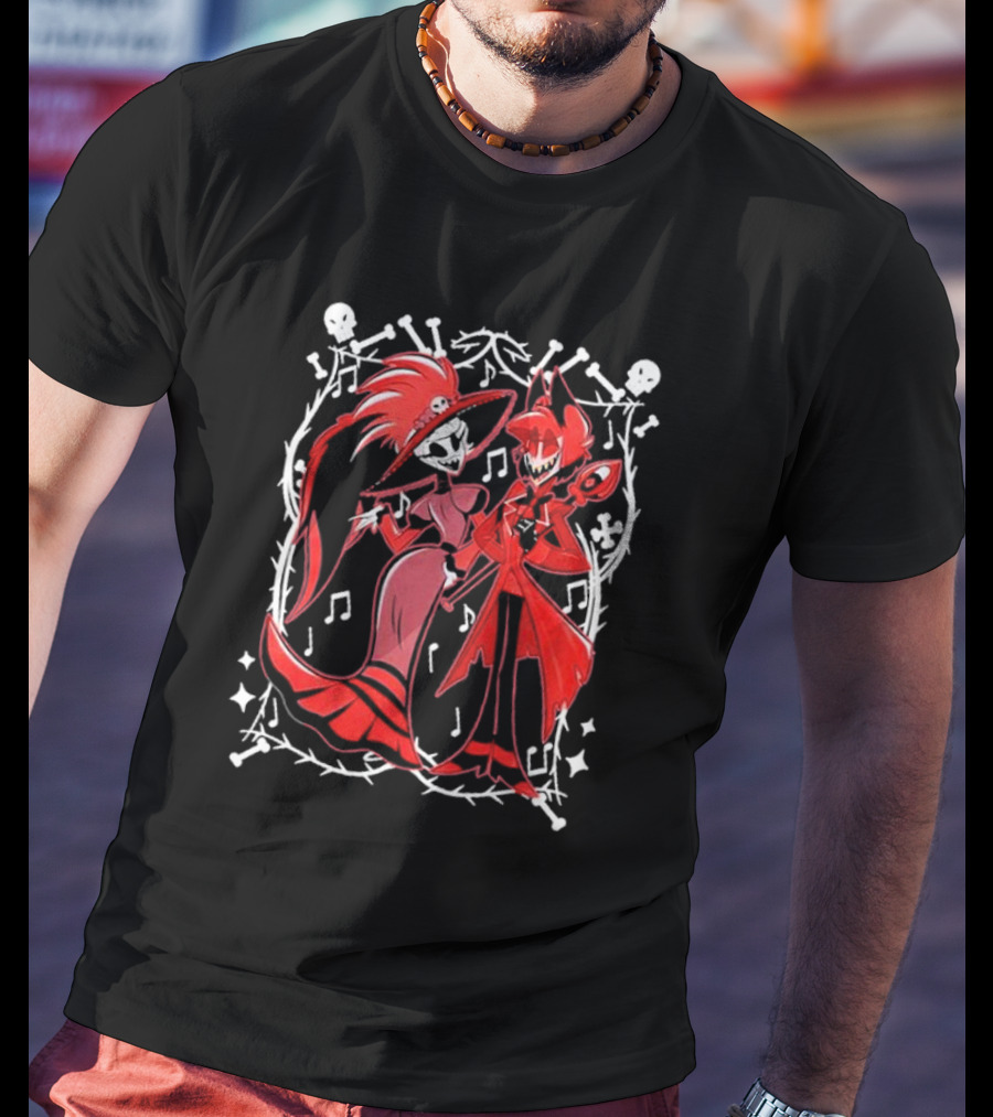 Hazbin Hotel Rosie And Alastor With Musical Notes And Skull Border T-Shirt