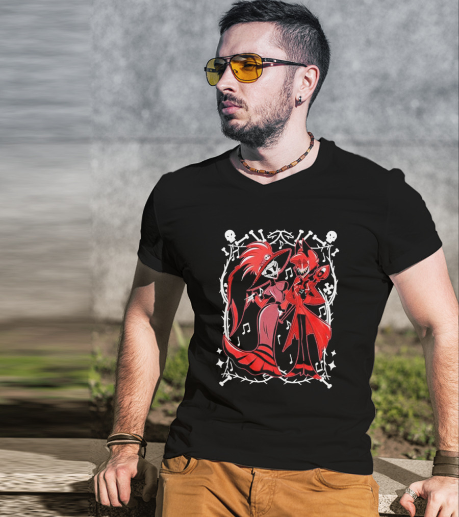 Hazbin Hotel Rosie And Alastor With Musical Notes And Skull Border T-Shirt