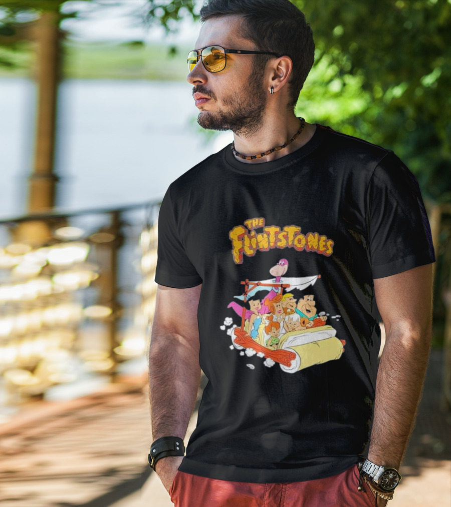 The Flintstones Family Adventure In Iconic Prehistoric Car T-Shirt