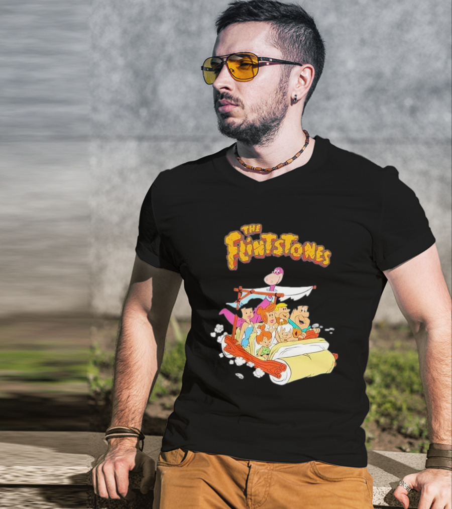 The Flintstones Family Adventure In Iconic Prehistoric Car T-Shirt
