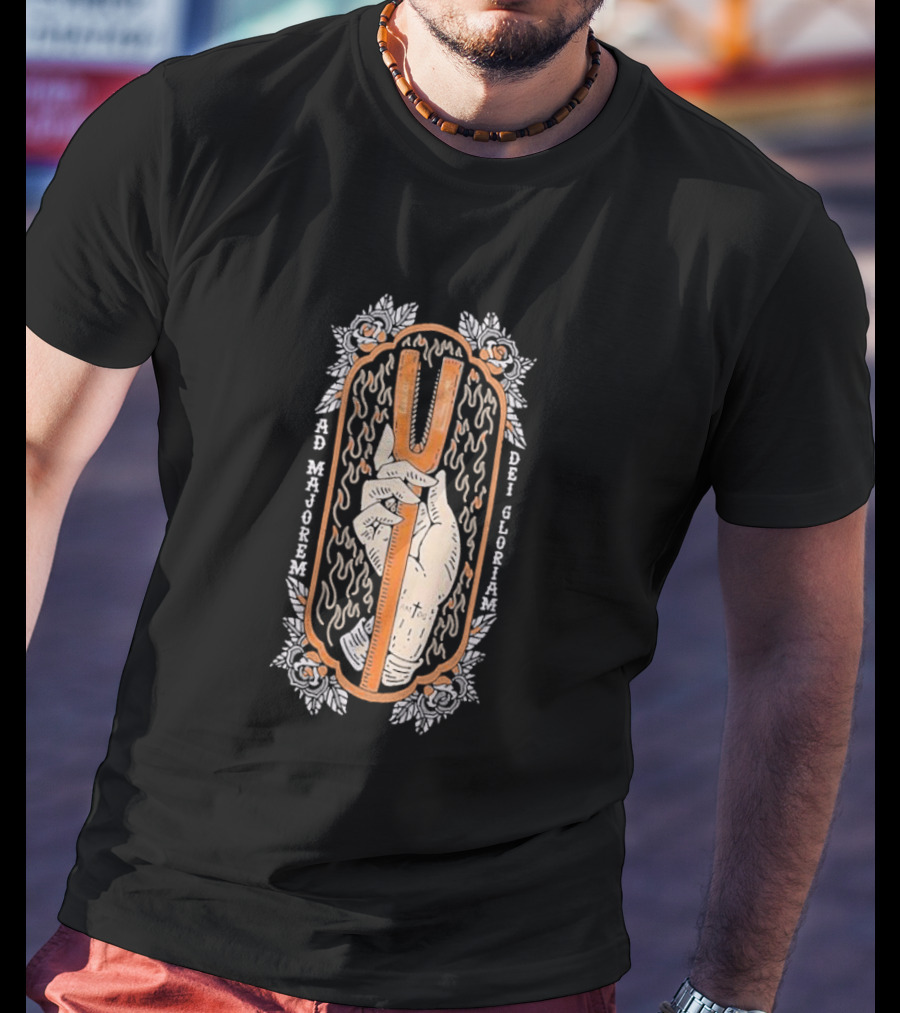 Ad Majorem Dei Gloriam Hook And Irons Hand With Flames And Roses T-Shirt