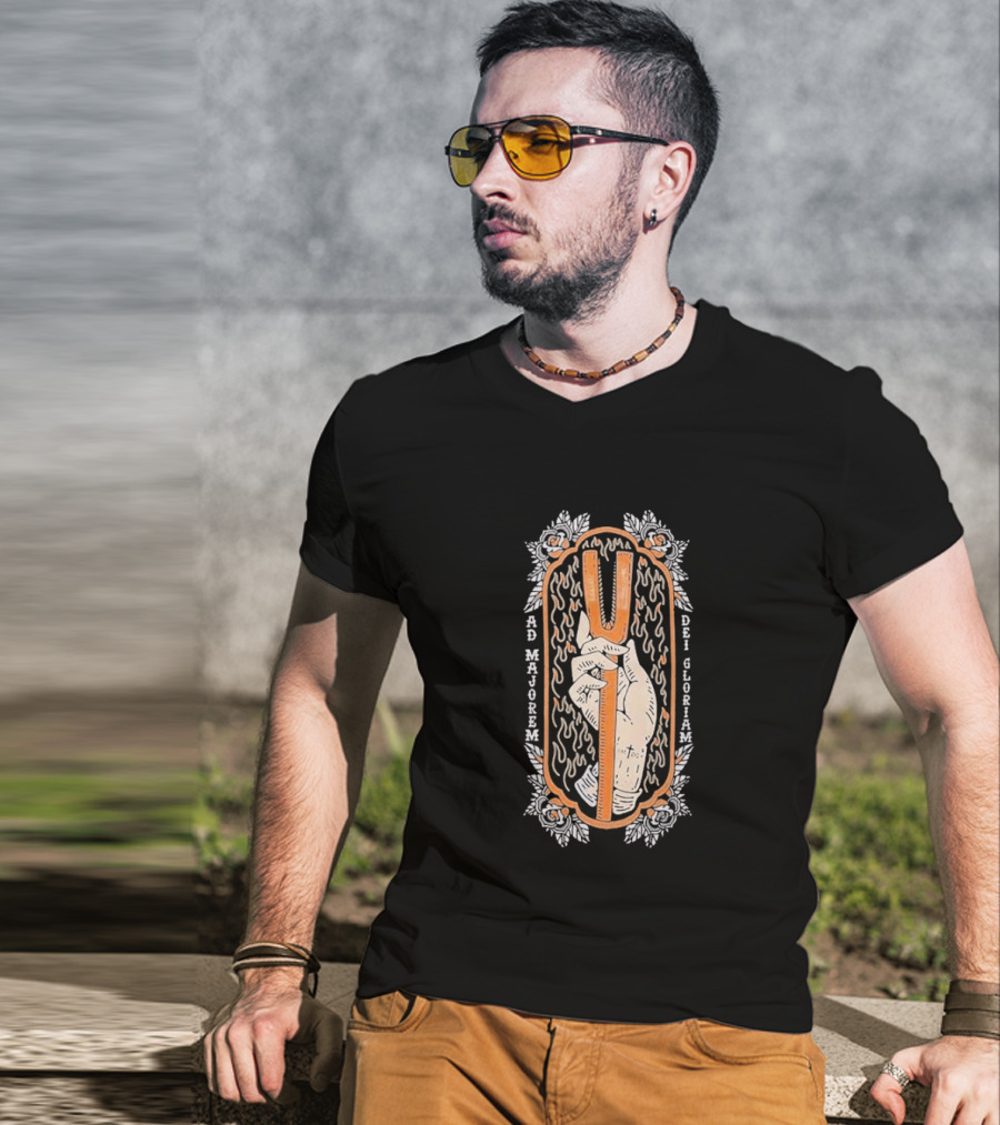 Ad Majorem Dei Gloriam Hook And Irons Hand With Flames And Roses T-Shirt