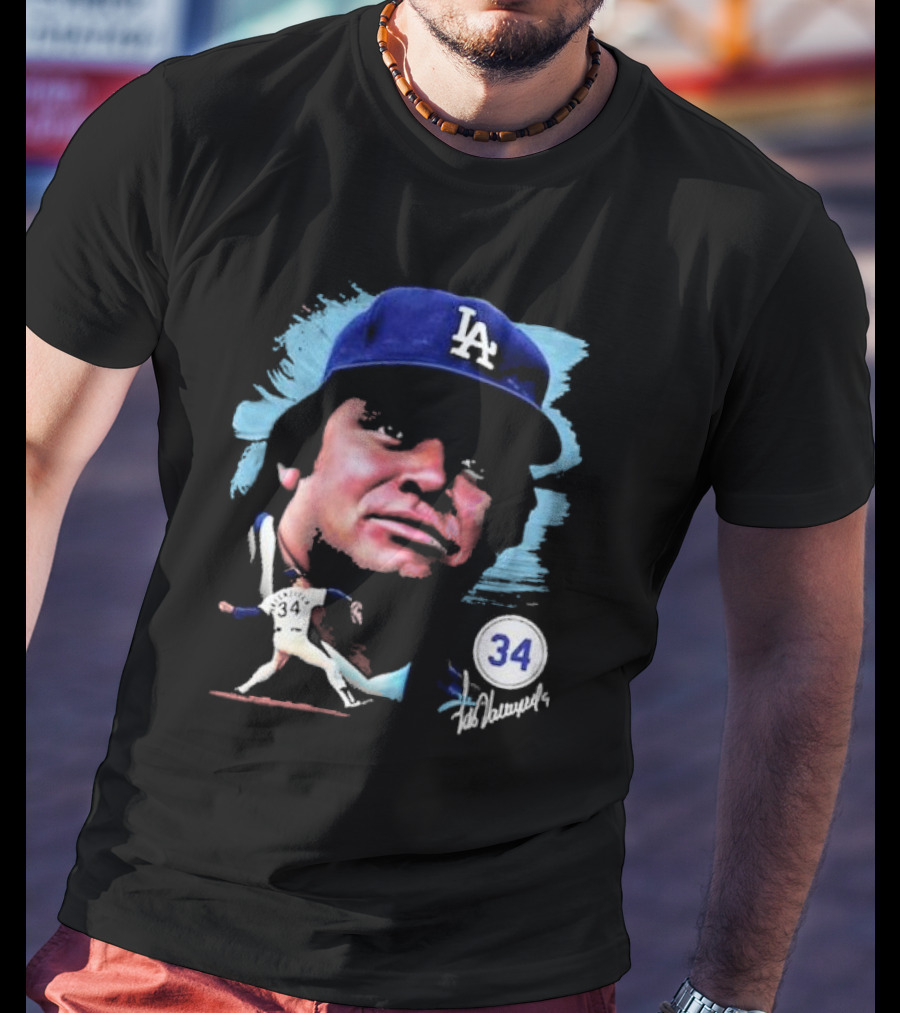 Fernando Valenzuela Los Angeles Dodgers Number 34 Signature T-Shirt