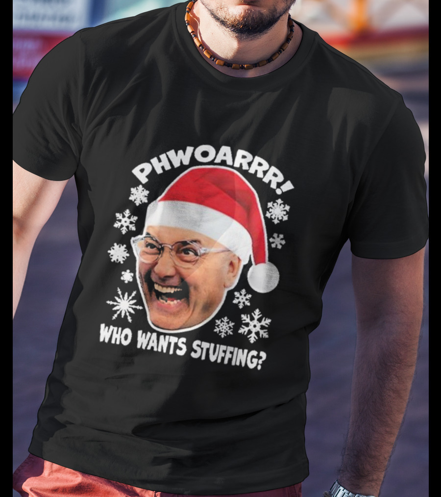 Phwoarrr Gregg Wallace Who Wants Stuffing Snowflakes Santa Hat T-Shirt