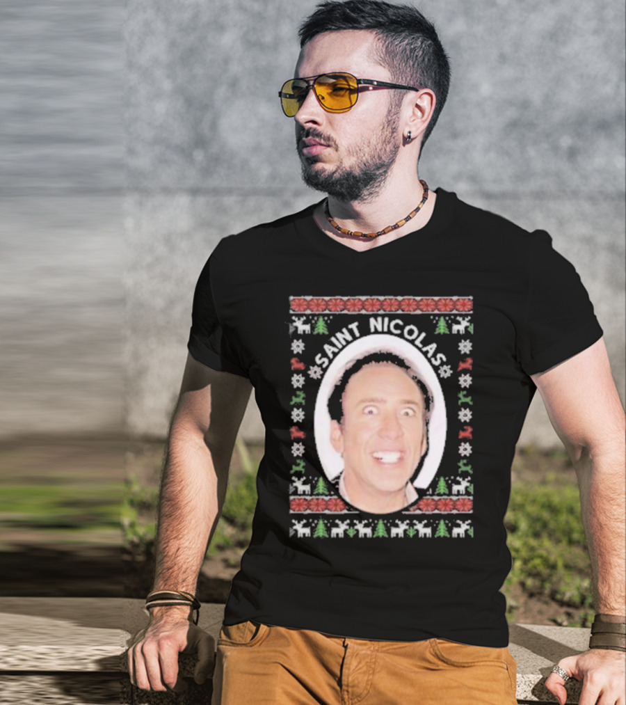 Saint Nicolas Cage Ugly Christmas Sweater T-Shirt