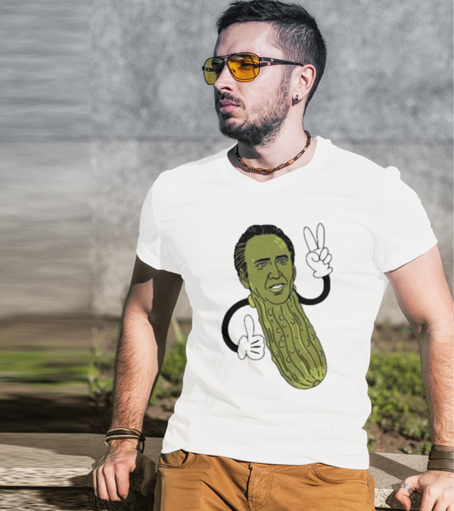 Picolas Cage Nick Cage Pickle Character With Peace Sign Christmas T-Shirt