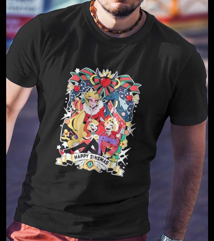 Hazbin Hotel Happy Sinsmas Christmas Celebration With Characters And Holiday Decorations T-Shirt