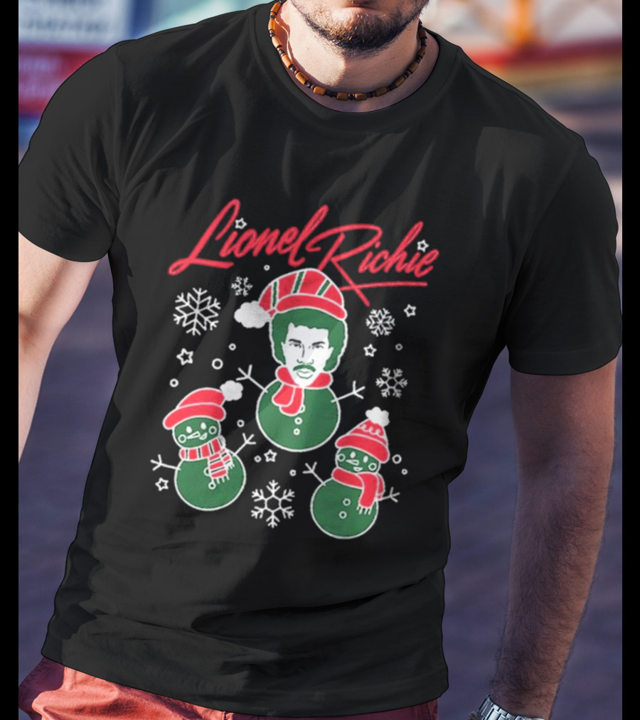 Lionel Richie Festive Snowman Trio With Red And Green Accents T-Shirt