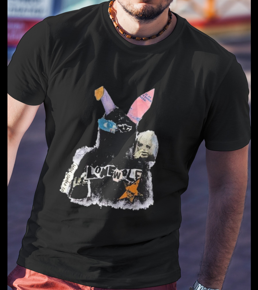 Lonewolf Bunn Psychedelic Collage With Earpiece Text And Star Elements T-Shirt