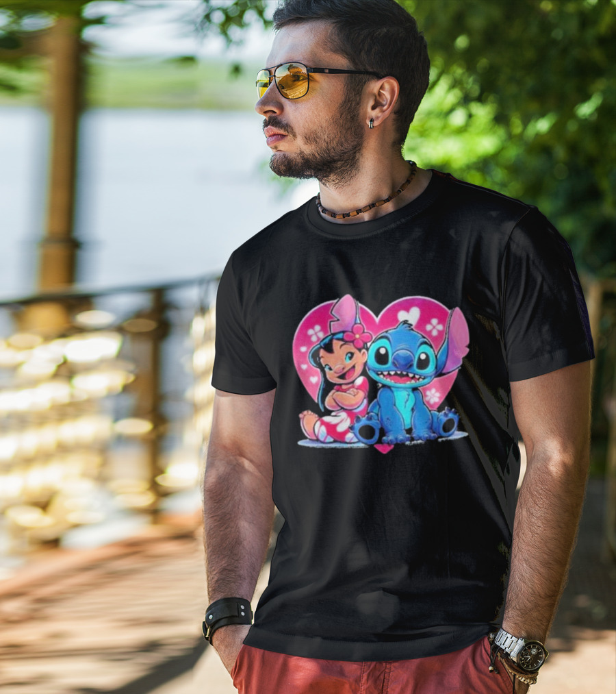 Lilo And Stitch Heart Background Pink Flower Ears Cute Characters T-Shirt