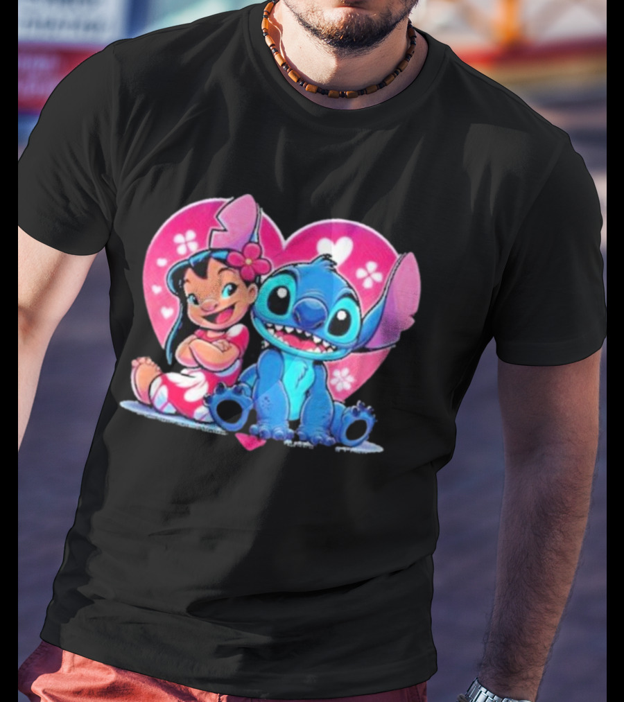 Lilo And Stitch Heart Background Pink Flower Ears Cute Characters T-Shirt