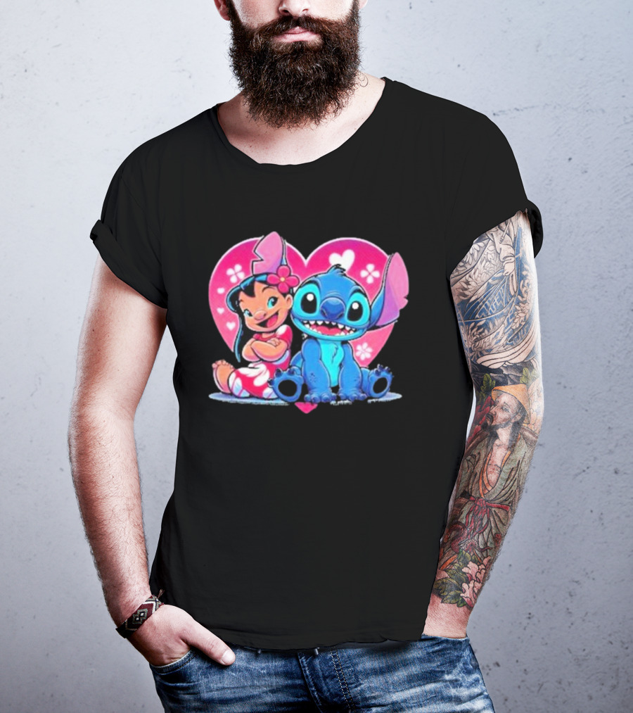 Lilo And Stitch Heart Background Pink Flower Ears Cute Characters T-Shirt