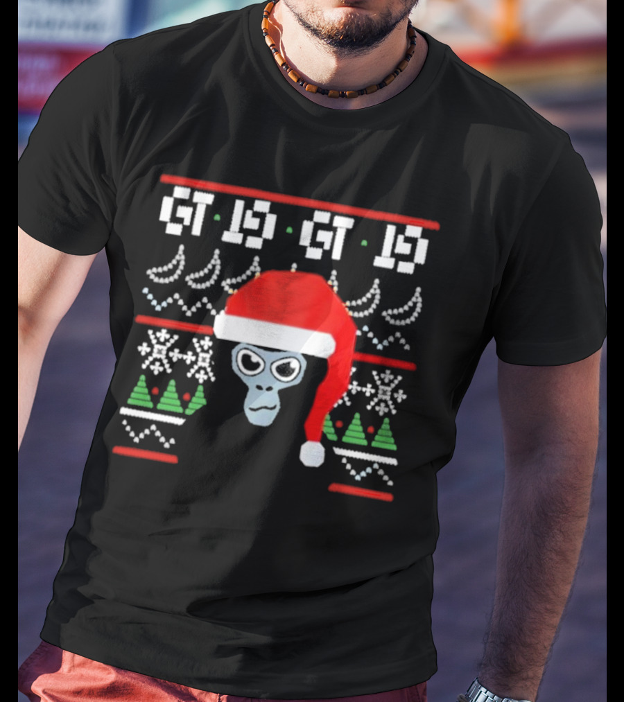 GT IS GT IS Festive Monke Claus Santa Hat Christmas Trees Snowflakes T-Shirt