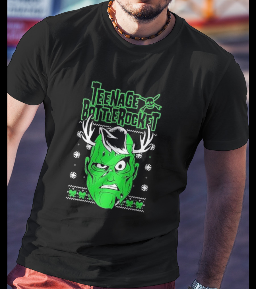 Teenage Bottlerocket Green Grumpy Face With Antlers Snowflakes Skulls Christmas T-Shirt