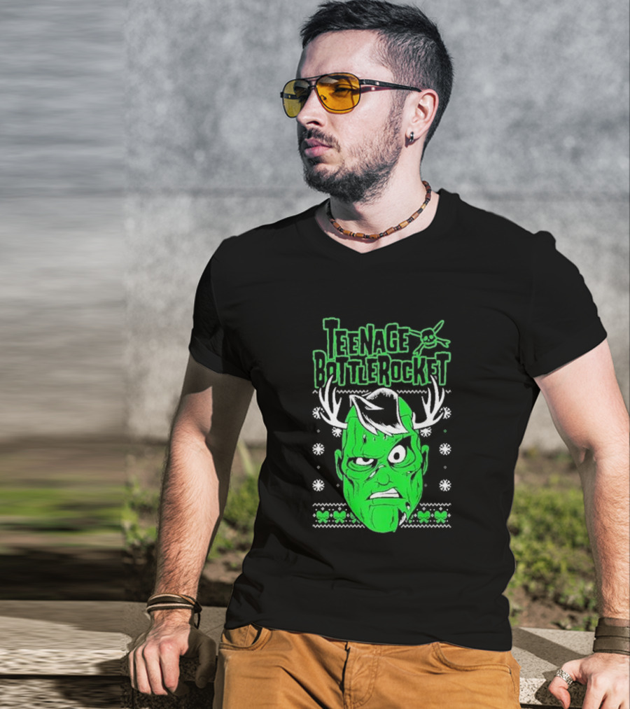 Teenage Bottlerocket Green Grumpy Face With Antlers Snowflakes Skulls Christmas T-Shirt