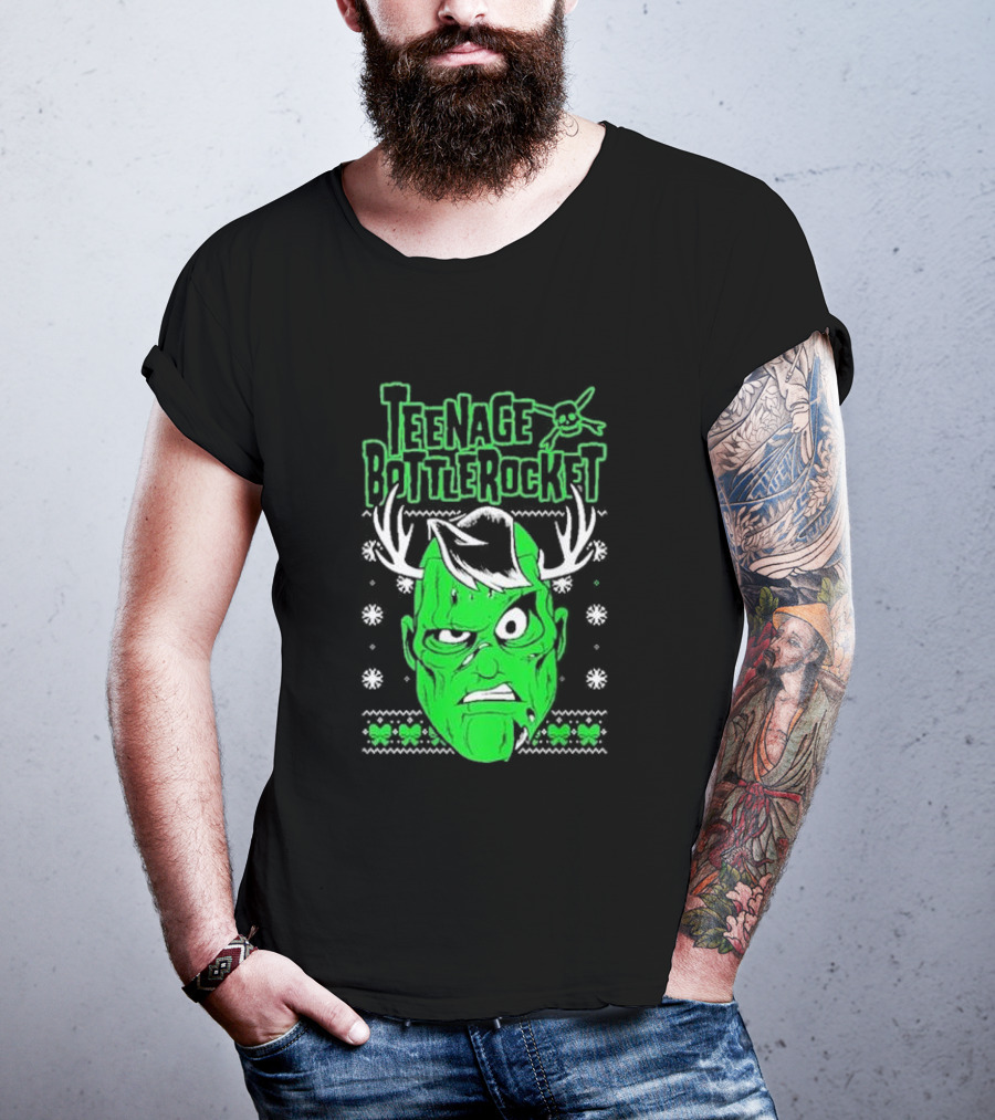 Teenage Bottlerocket Green Grumpy Face With Antlers Snowflakes Skulls Christmas T-Shirt