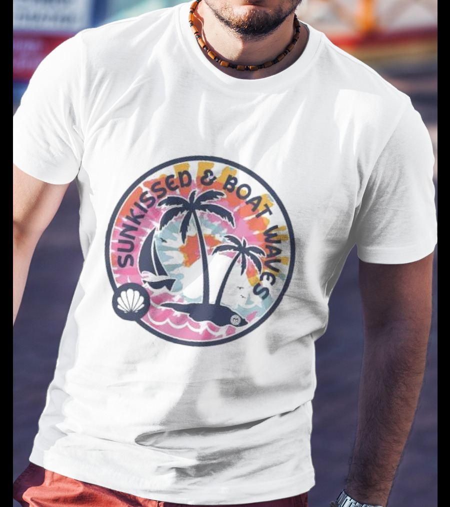 Sunkissed And Boat Waves Palm Trees Shell Sailboat Colorful Circle Emblem T-Shirt