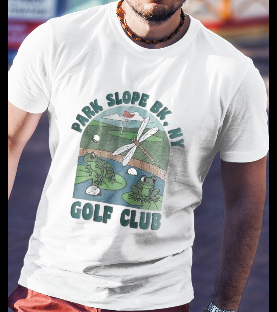 Park Slope BK NY Golf Club Frog And Dragonfly On Golf Course Lily Pads In Pond T-Shirt