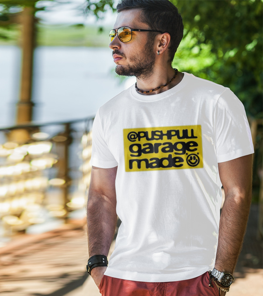 Pushpull Garage Made Smiley Face Yellow Background T-Shirt