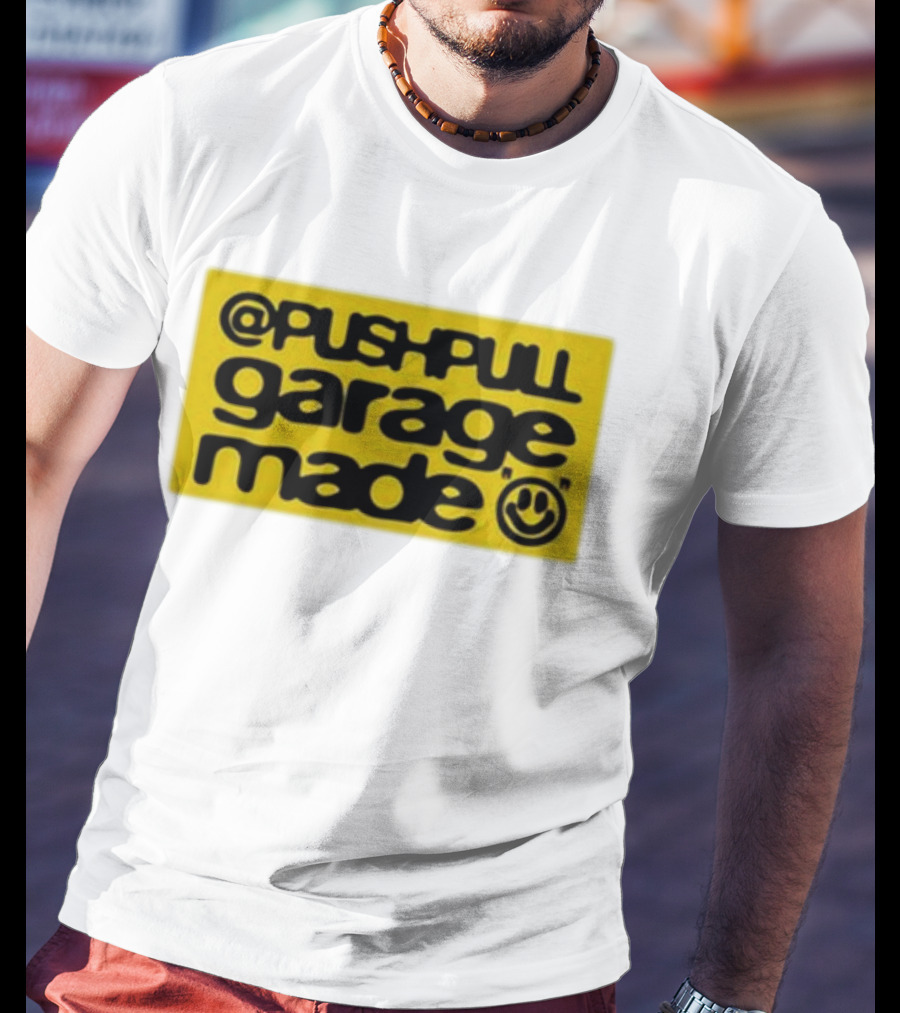 Pushpull Garage Made Smiley Face Yellow Background T-Shirt