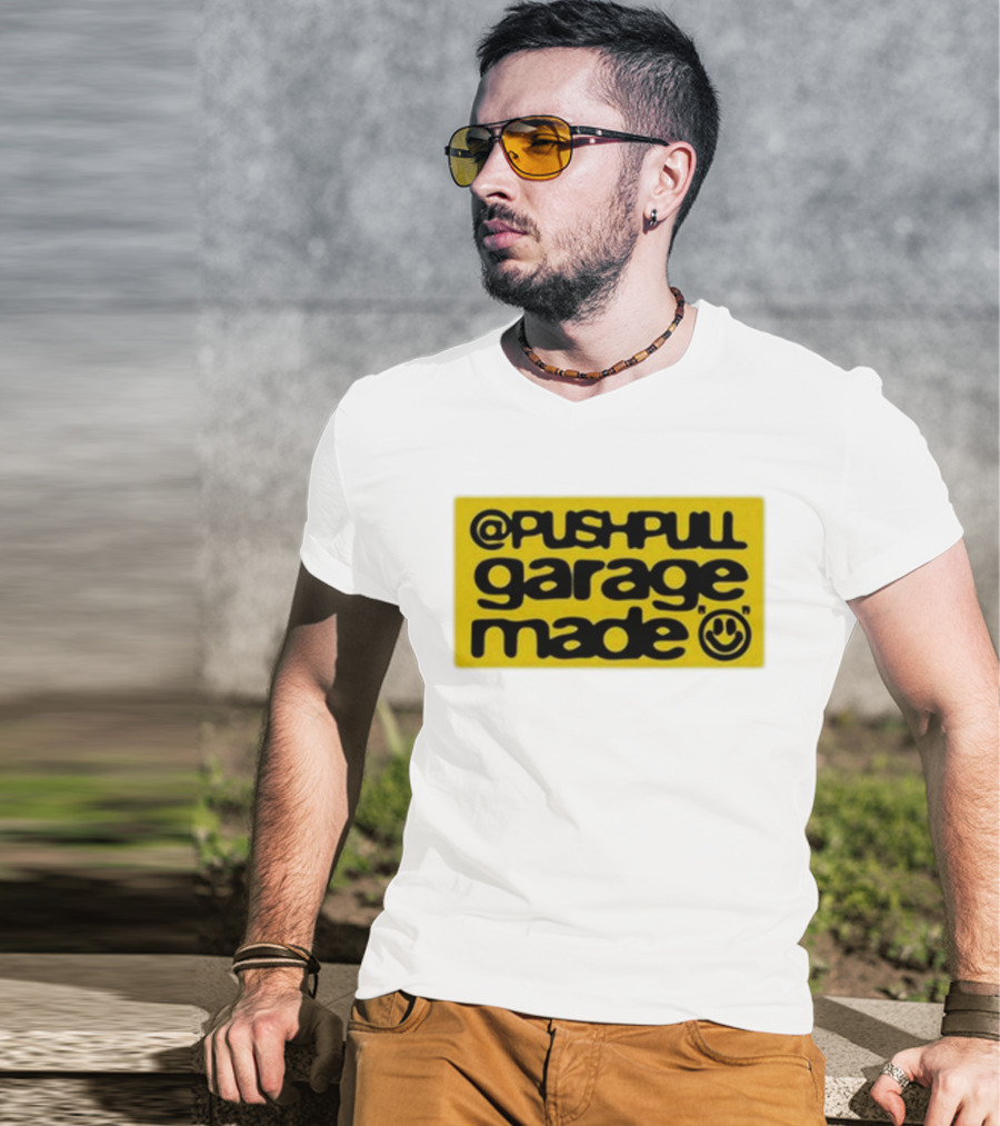 Pushpull Garage Made Smiley Face Yellow Background T-Shirt