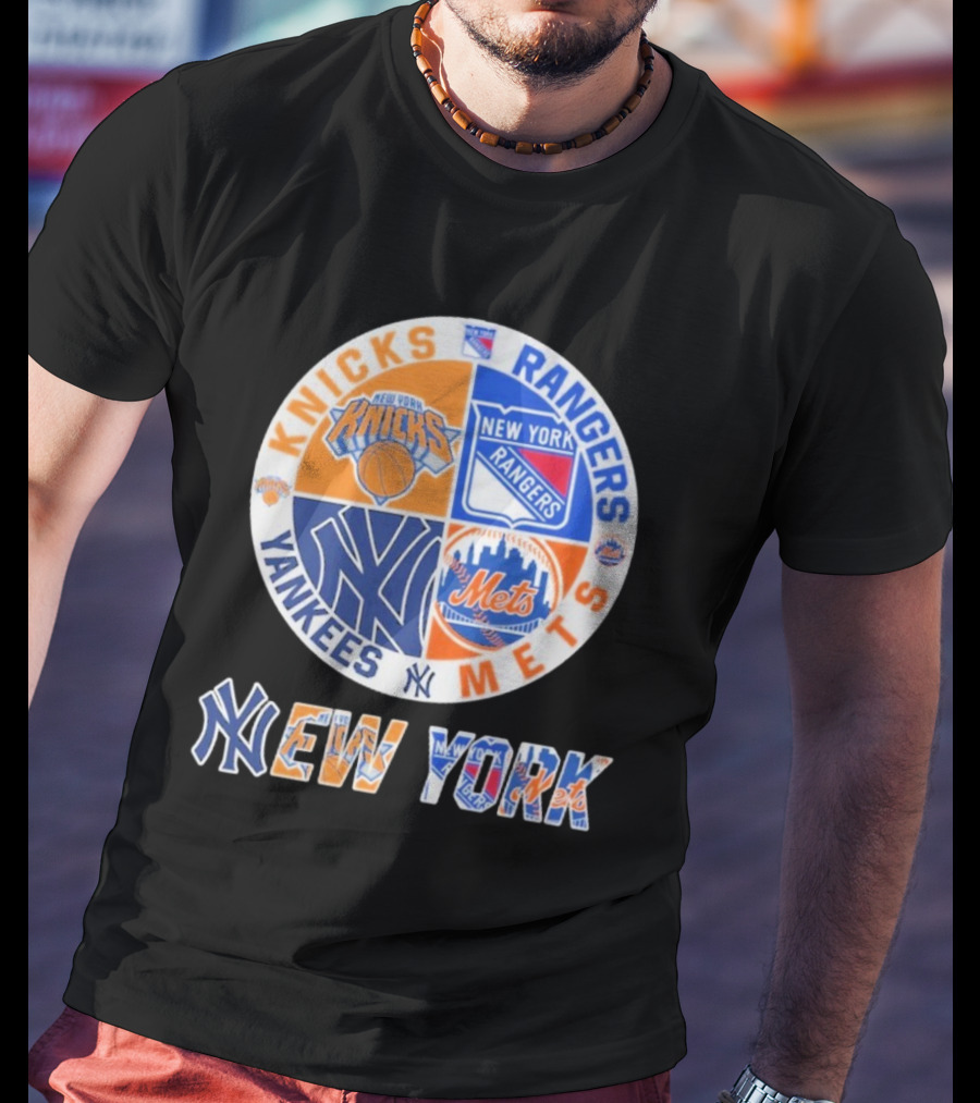 Knicks Rangers Yankees Mets New York Circle Logo Collaboration T-Shirt