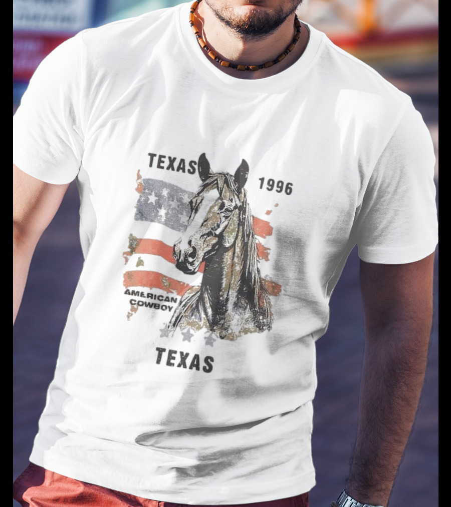 Texas 1996 American Cowboy Horse With Stars And Stripes Flag T-Shirt