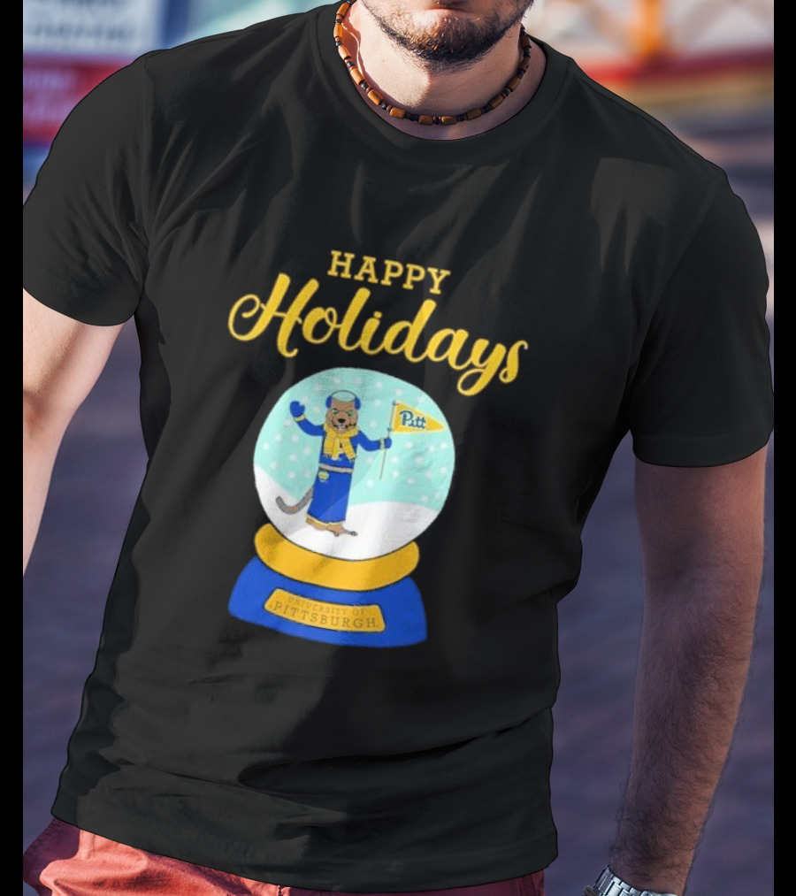 University Of Pittsburgh Pitt Roc Snow Globe Happy Holidays T-Shirt