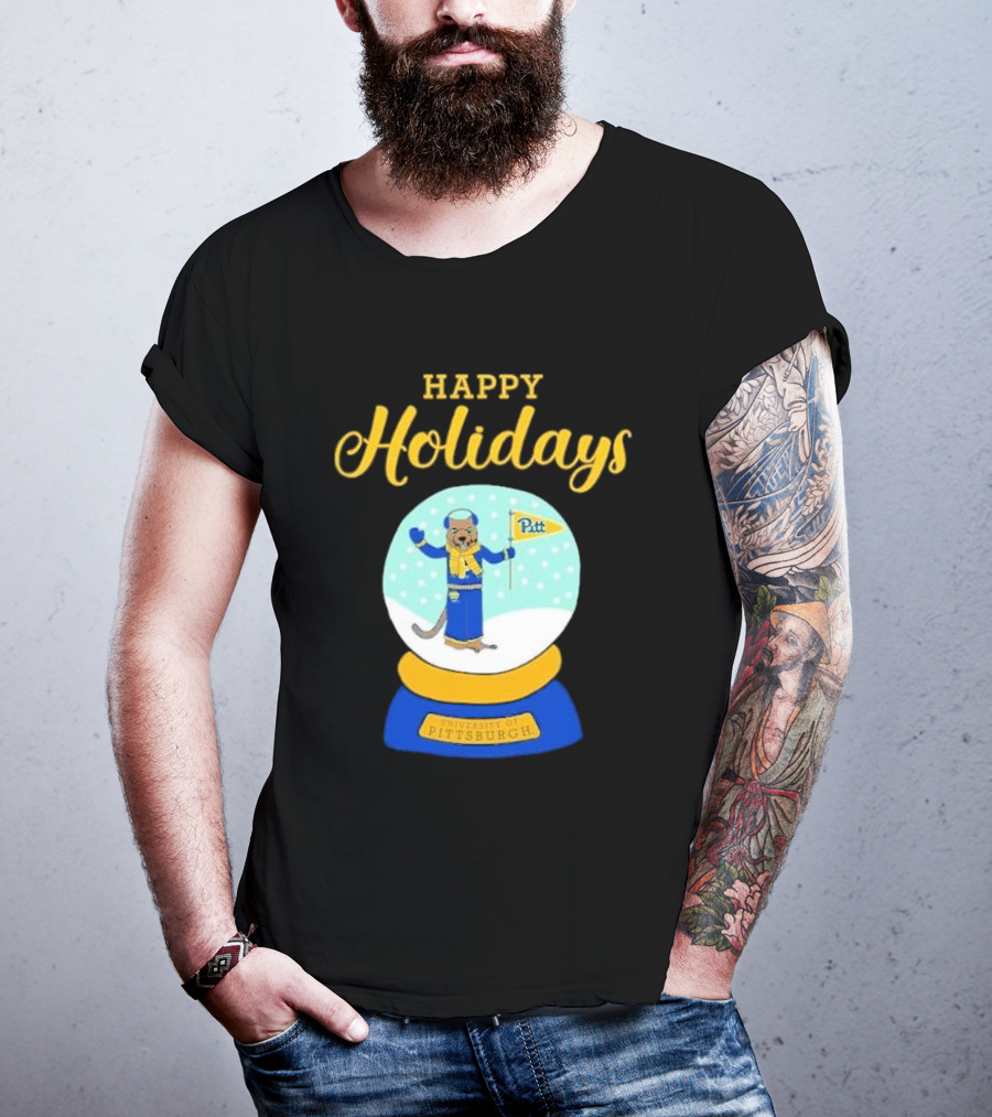 University Of Pittsburgh Pitt Roc Snow Globe Happy Holidays T-Shirt